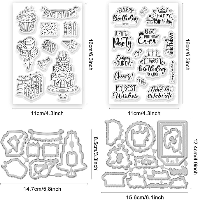51Pcs Happy Birthday Clear Stamps and Dies for Card Making Metal Cutting Die Sets Birthday Wishes Cake Gift Die Cuts for DIY Crafting Album Paper Scrapbooking