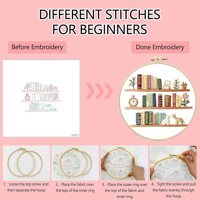 Zhenqing Book Lover Embroidery Kit for Beginners, Cozy Bookshelf Needlework Craft with Pre-Printed Cotton Fabric, Hoop, Threads & Tools, Reading Nook Decor (C0207)