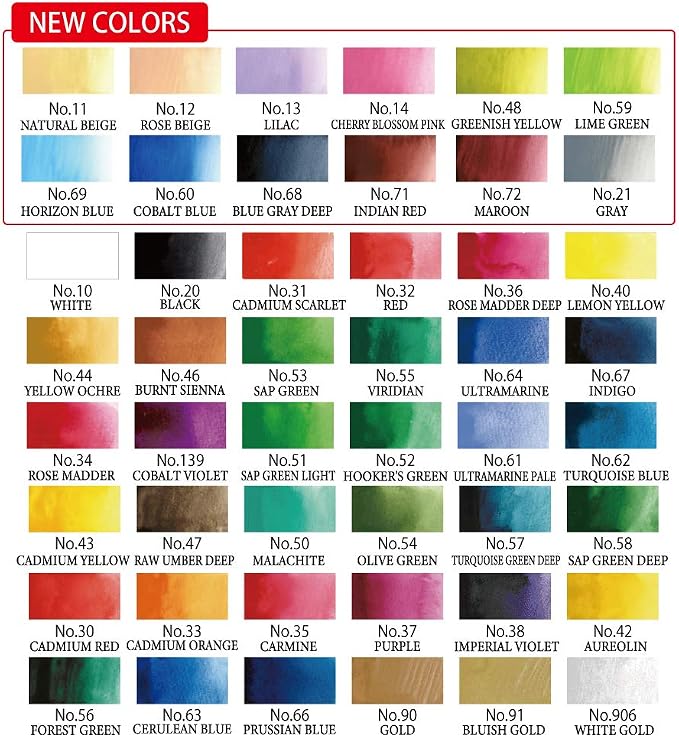Kuretake Gansai Tambi Watercolor Paint Set, 48 Colors, Made in Japan | 48 vivid opaque colors, non-granulating pigment, large pans, palette & color chart, Professional Use, Artist Grade