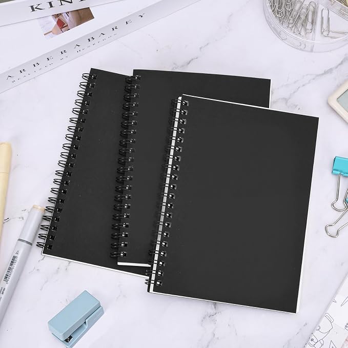 EOOUT 3 Pack Blank Spiral Notebooks B6 Sketchbooks, 140 Pages / 70 Sheets, Unlined Journals 5 x 7in 100GSM for Drawing, Art, Students, Office (Black)