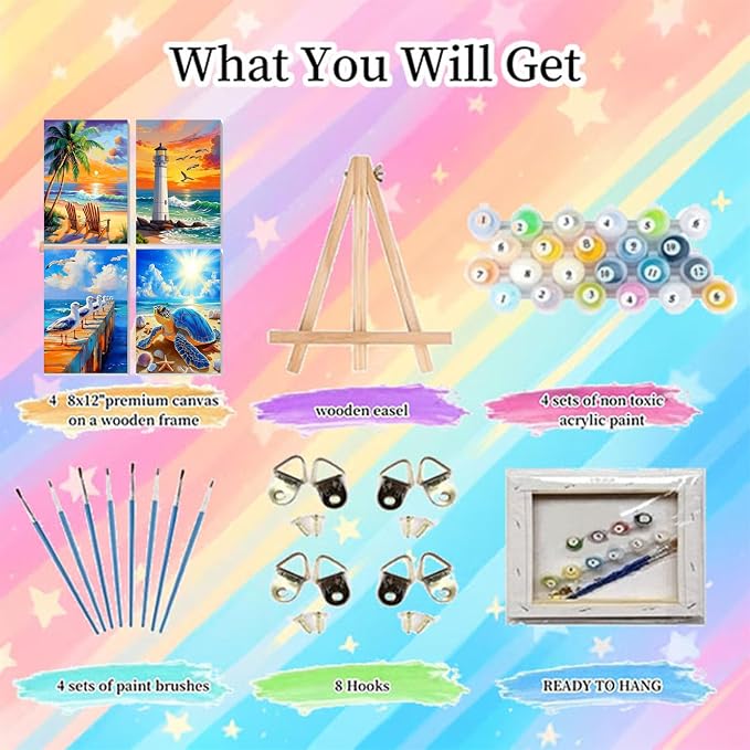 4 Pack Beach Paint by Numbers for Adults with Framed Canvas 8x12 inch | Beach Adult Paint by Number Kits on Canvas with Wooden Easel, DIY Acrylic Oil Painting by Numbers for Gift Home Decor
