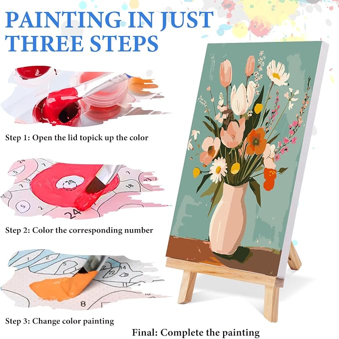 4 Pack Framed Paint by Numbers Kit for Adults with Wooden Easel, Flowers Easy Paint by Number Kits with Frame, DIY Acrylic Watercolor Adult Paint by Number Kits on Canvas for Home Decor 8x12 Inch