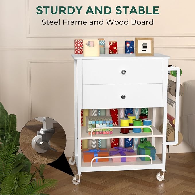 Wrapping Paper Storage & Organizer, Craft Cart with Ribbon & Gift Bag Storage, Wrapping Paper Organizer Holder(2 Wooden Drawers-White)