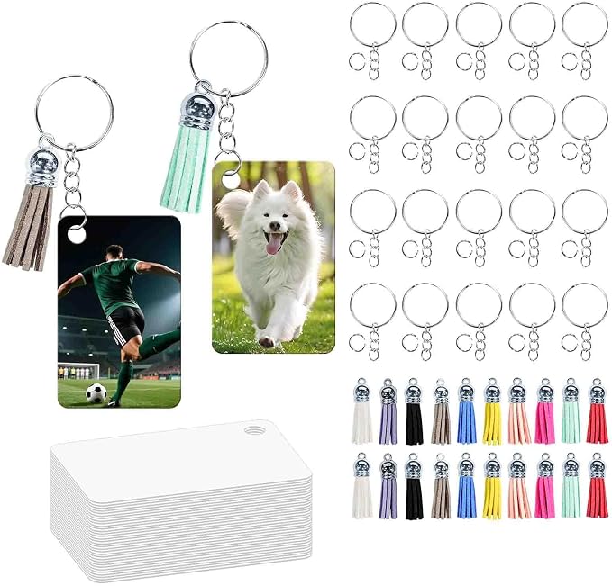GEKIXUTP 80 Pcs metal Sublimation Keychain Blanks Bulk,Double Sided Sublimation Blanks Keychain Heat Transfer Keychain Blanks with Tassels,Sublimation Ornament Blanks key chain