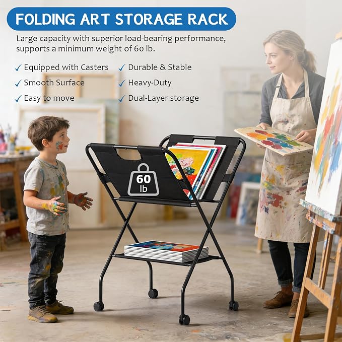 Canvas Art Print Rack，Folding Art Storage Rack with Lockable Caster Wheels