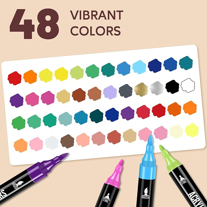 Pagather Acrylic Paint Markers, 48 Colors Dual Tip Fine & Brush Pens Set | For Rocks, Fabric, Wood, Glass & More, Perfect for DIY Crafts and Creative Art Projects with Bright, Smooth and Quick-Dry Ink