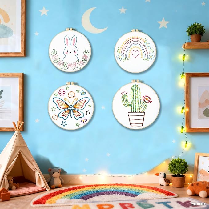 BEUNITONE 6Pcs Easy Embroidery Kit for Adults Beginners, Simple Cross Stitch Starter Set for Beginners, Cute Animal Rainbow Butterfly DIY Craft Activity for Home Decor and Festival Gifts 20x20cm