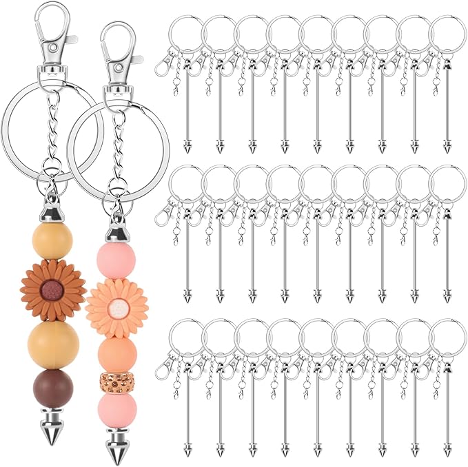 30 Pack Beadable Keychains Bars DIY Blank Beadable Keychains Metal Beaded Keychain Sliver Beads Keychain Making Kit for DIY Crafts Supplies Jewelry Making Gift