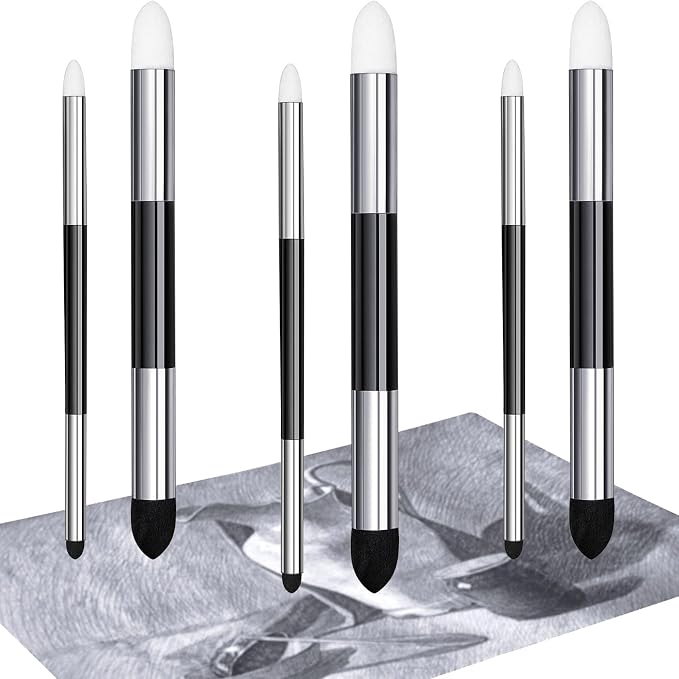 Kosiz 6 Pcs Blending Sponge Pen Rub and Buff Double Headed, White, Black | Washable Sponge Tips, Art Drawing Shading and Highlight Tools, Smooth Color Blending, Reusable Blending Tools for Oil Pastels
