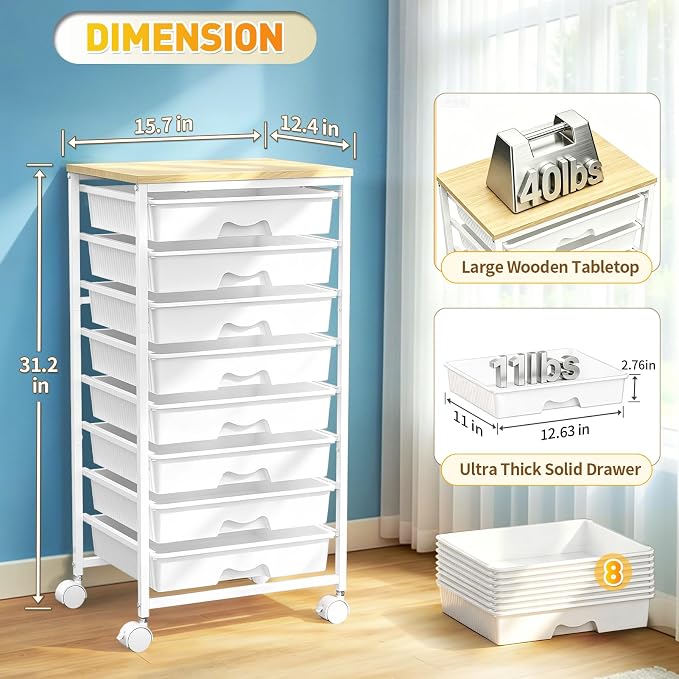 SUNALLY Rolling Cart With 8 Drawers,Storage Drawer Cart for Craft Art,White | Storage Utility Cart with Wooden Tabletop & 2 Lockable Wheels, Teacher Storage Cart for Classroom School Storage, Makeup,Nail