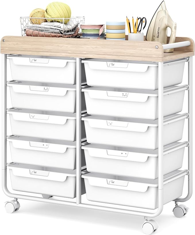 10 Drawers Rolling Cart with Wooden Tabletop, Utility Storage Cart with Wheels, Art Supply Craft Organizer on Wheel with Metal Frame & Handles for Home Office School (Pure White)