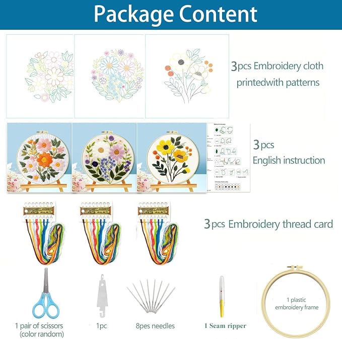 Zhenqing Floral Embroidery Kit for Beginners, 3 Patterns, 7.8in Hoop