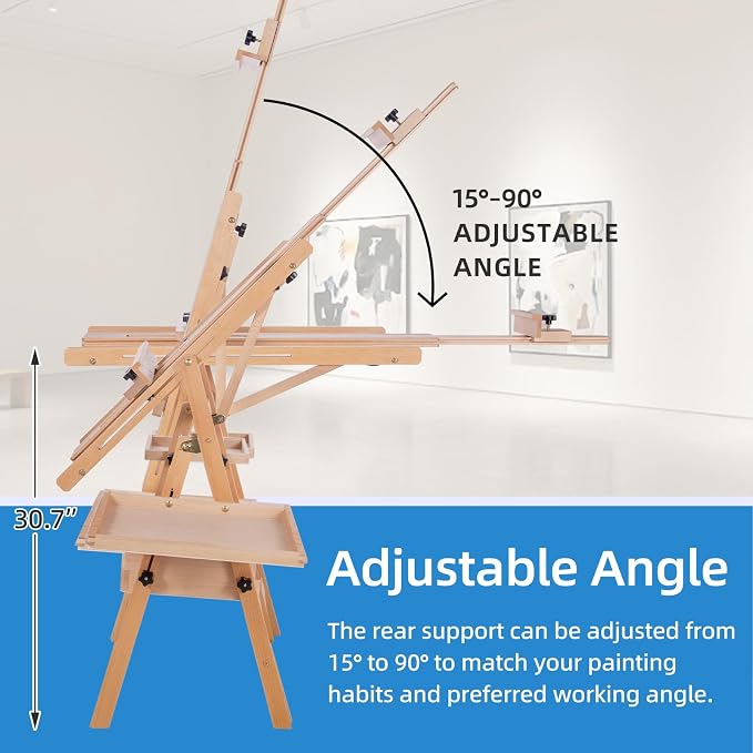 Falling in Art Large Horizontal Wooden Painting Easel, Holds up to 50'' | H-Frame Studio Easel Stand with Storage Drawer and Palettes, Suitable for Adults, Beginners, and Artists