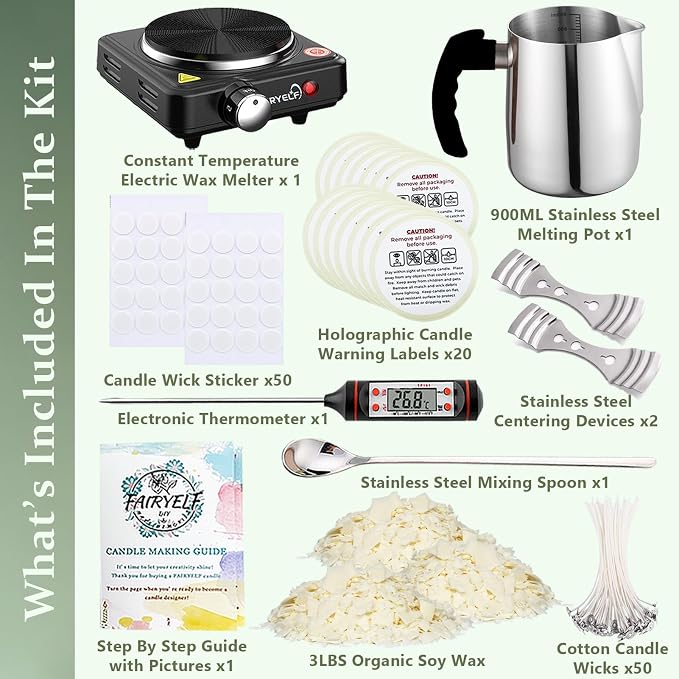FAIRYELF 3lbs Soy Wax Candle Making Kit for Adults, DIY Craft Supplies Set | Natural Candle Wax Flakes, Electric Wax Melting Hot Plate, Melting Pot & Wick, Home Decorations for Handmade Scented Candles
