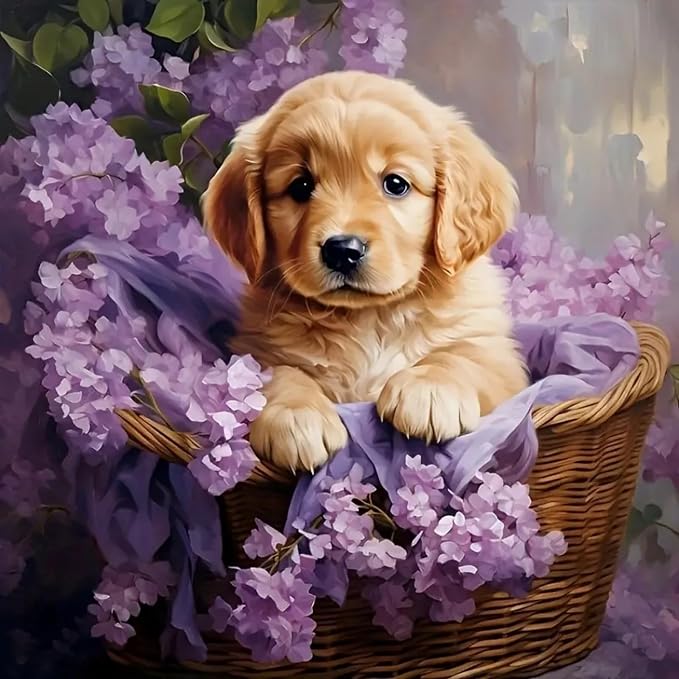 5DDIYART Dog Flowers Paint by Numbers for Adults Beginner, Paint by Number Kits on Canvas, Easy Acrylic Painting Home Wall Decor 15.7x15.7 inch