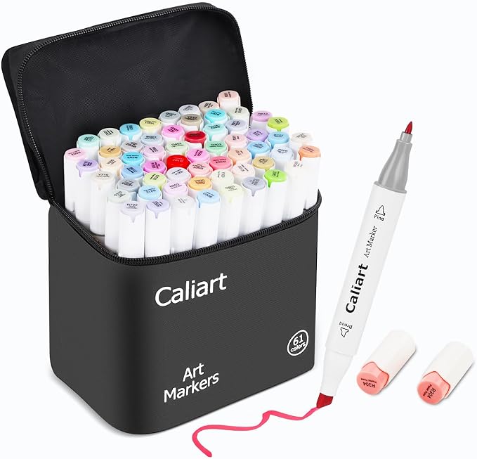 Caliart Pastel Alcohol Markers 61 Colors Fine & Chisel Dual Tip Art Markers | Coloring Markers Set with Carrying Case for Adults Coloring Book Drawing Sketching Painting Illustration