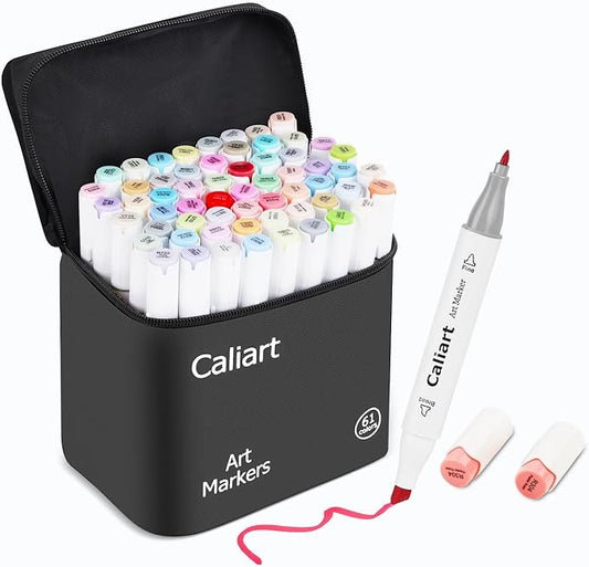 Caliart Pastel Alcohol Markers 61 Colors Fine & Chisel Dual Tip Art Markers | Coloring Markers Set with Carrying Case for Adults Coloring Book Drawing Sketching Painting Illustration