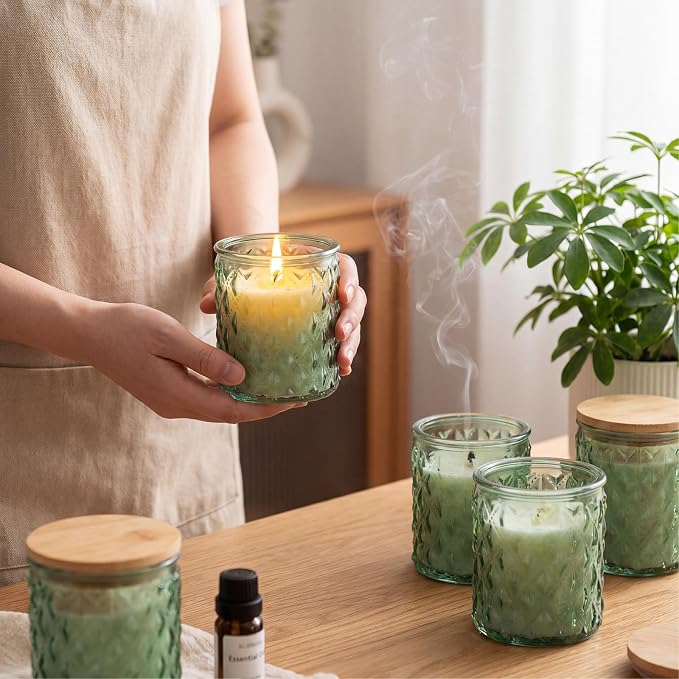 Acellegic 20 Pack Green Candle Jars for Making Candles 7 oz Empty Glass Jars with Bamboo Lids Cylindrical Candle Containers Bulk for DIY, Table Decor, Wedding Party