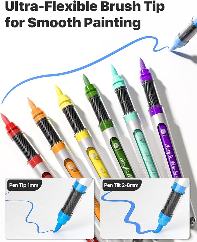 JusArt 48 Colors Acrylic Paint Markers Brush Tip, Automatic Ink Control