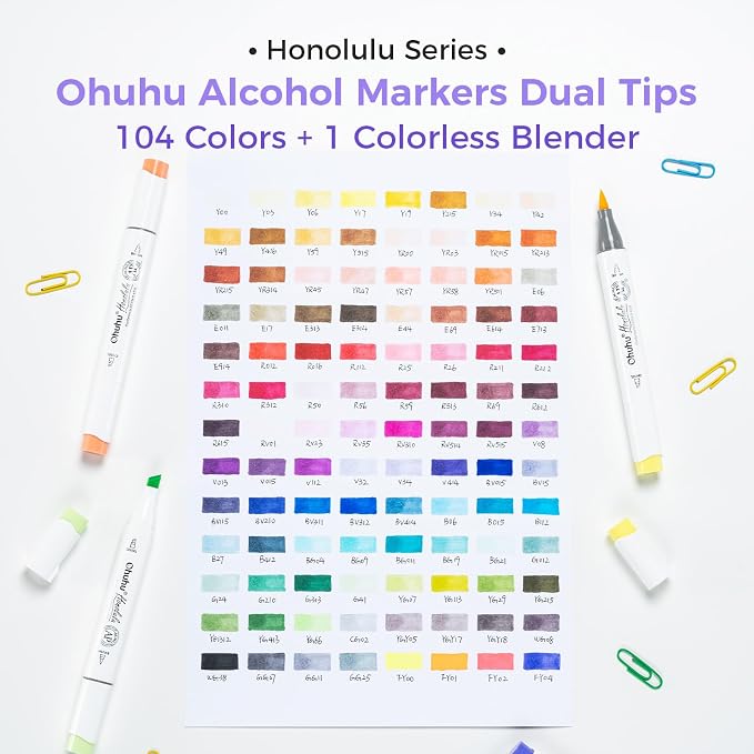 Ohuhu Alcohol Markers 104 Colors Brush& Chisel for Adults Cozy Coloring | AP Certified Refillable Art Marker, Dual Tips Alcohol-based for Artists Beginners Drawing Illustration Sketching, Honolulu