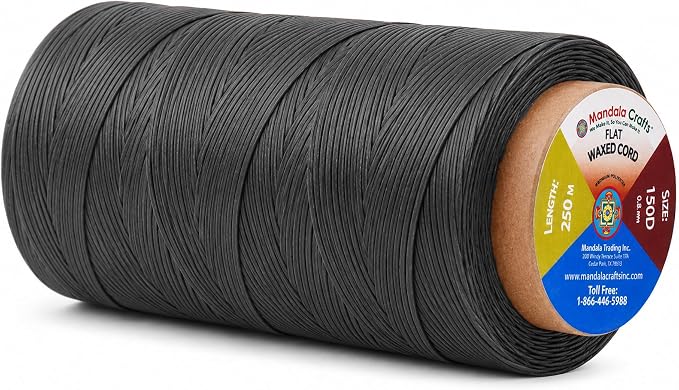 Mandala Crafts 150D 0.8mm Charcoal Flat Waxed Thread for Leather Sewing