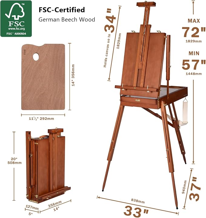 DJAR French Easel with Shoulder Strap, Adjustable Beech Wood Art Easel with Drawer, Palette, Level Instrument & Scale Leg, Studio Tabletop Floor Easel for Artists, Hold Canvas up to 34", Walnut