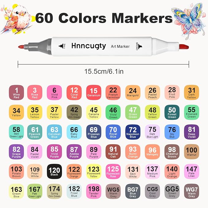 Hnncugty Alcohol Markers Set-Case & Holders 60 Colors Dual Tips Art Markers
