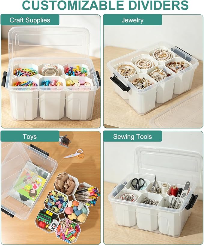 EOENVIVS Clear Storage Bins with 6 Tall Inserts, Stackable craft organizers and storage Box, Plastic Storage Totes with Lids and Handles for Crafts, Jewelry & Sewing, Art Supplies, Markers, Pens