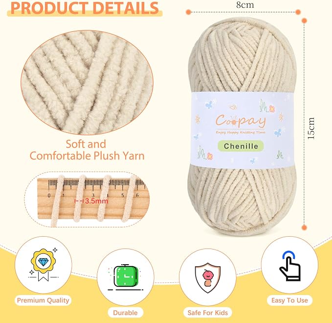 Coopay Chenille Yarn for Crochet, Medium Weight Yarn CYC #4, Khaki | Crochet Yarn Set - 400g Total, Soft Velvet Yarn for Colorful Crafts, Blankets, Plush Dolls, Decorative Handmade Works
