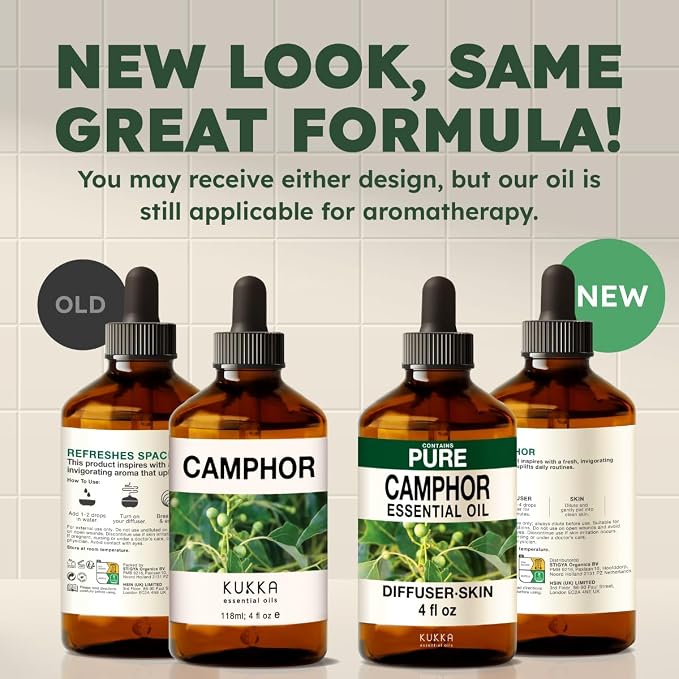 Kukka 100% Pure Camphor Essential Oil for Skin, Diffuser, 4 Fl Oz | Camphor Oil for Diffuser Blends, Muscle Massage & Home Freshening in an Undiluted Dropper Bottle