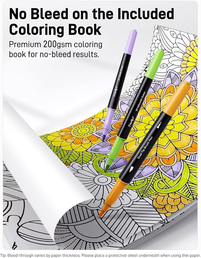 JusArt Markers for Adult Coloring Books No Bleeding, 60 Colors | Dual Tip, Triangle Grip, Fine & Brush Tips, Water-Based, 33% More Ink, With 200gsm Coloring Book, Storage Case, 6 Spare Tips