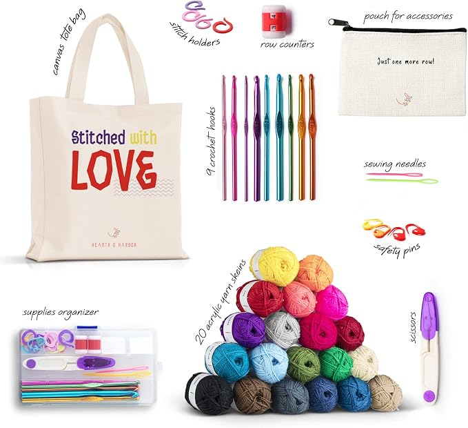 Hearth & Harbor Crochet Kit with 1100 Yards Assorted Yarn Kit, 9 Ergonomic Hooks, Crocheting Instruction, Knitting & Crochet Supplies - Beginner Crochet Kits for Adults, Ideal for Amigurumi