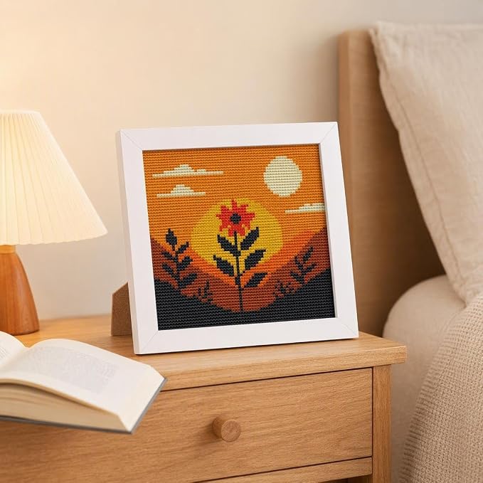 Sunset Floral Landscape Stamped Cross Stitch Kits for Adults with Framed | Flowers Needlepoint Counted Cross Stitch Kits for Beginners Adults with Framed Embroidery Kits Arts and Crafts 6 x 6 inch