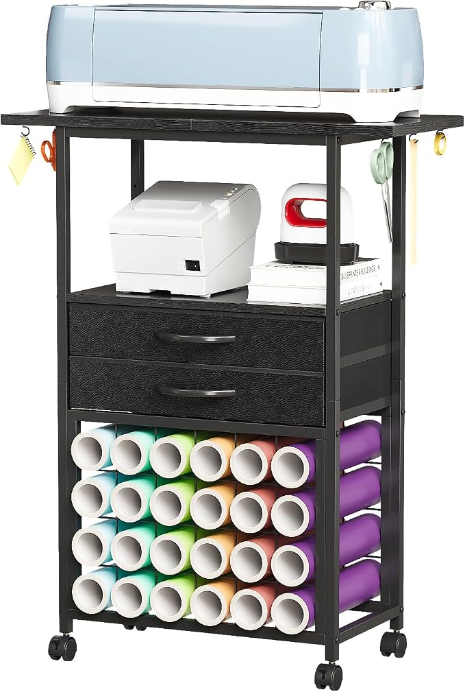 VENNQD Organizer and Storage Stand Compatible with Cricut Machines, Rolling Storage Cart/Shelf with 24 Vinyl Roll Holders, 2 Fabric Drawer, Accessories Holder, Tool Hook for Craft Room Home (Black)