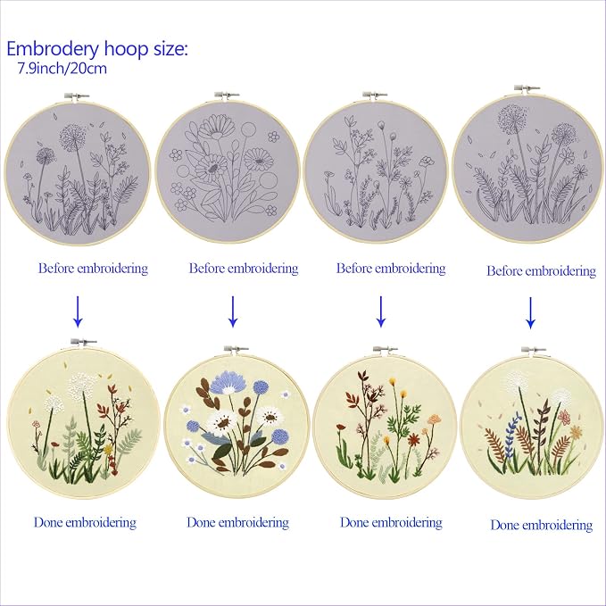 Bonroy 4 Sets Embroidery Set for Beginners, Art Craft, Easy Sewing Embroidery Kit Includes Embroidered Clothes with Patterns, Embroidery Hoops, Instruction Manual, Colorful Stitch Set (2 Most)