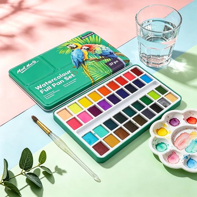 Mont Marte Watercolor Set Full Pan Signature in Tin, Vibrant 36 Colors, Multi-Color with Translucent Finish, Portable Watercolor Set