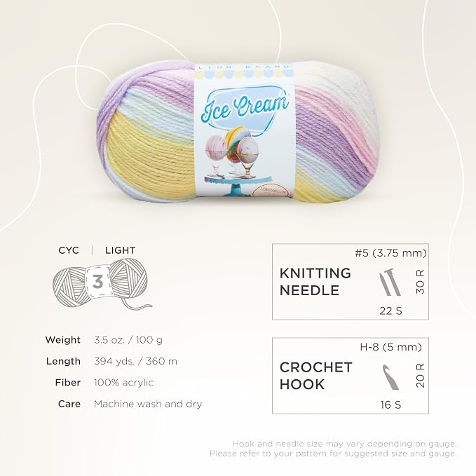 Lion Brand Yarn, Ice Cream Crochet Yarn, Cotton Candy, Multicolor, 3 Pack