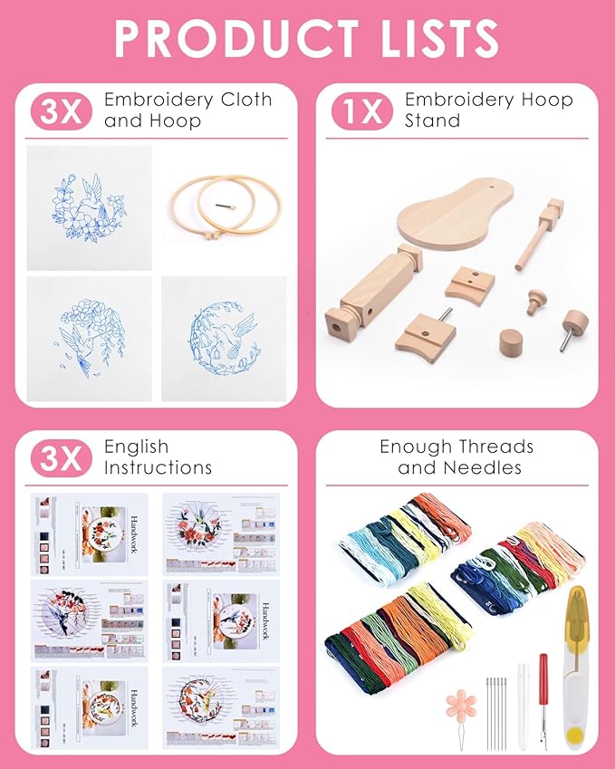 TINDTOP Beech Wood Embroidery Hoop Stand, with Hummingbird Embroidery