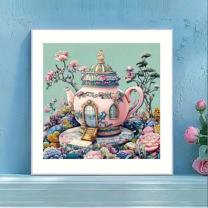 Teapot Castle Diamond Art Kits for Adults,5D Diamond Painting Kits for Beginner,DIY Full Round Drill Flower Diamond Dot Gem Painting With Dot Art Craft Kits for Home Wall Decor 13.79 x 13.79inch