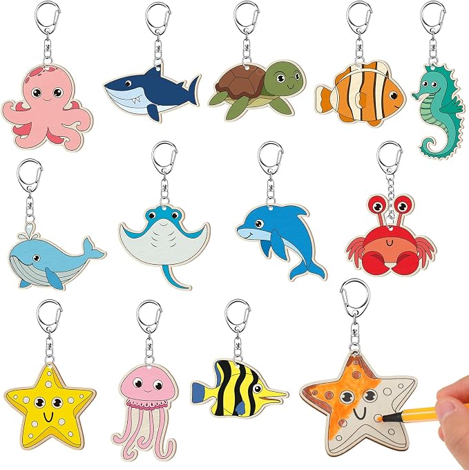 Trnayi 36 Pcs Sea Life Unfinished Wood Keychain Color Your Own DIY Craft | Sea Life Wooden Keychains, Color Your Own Unfinished Crafts, Blank Wood Painting DIY Crafts, for Home Activities Art Project