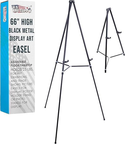 U.S. Art Supply 66" High Black Metal Display Art Easel - Large | Adjustable Height Portable Easel Stand, Sign Display, Holds 25 lbs - Floor & Tabletop Easels, Sign Stand