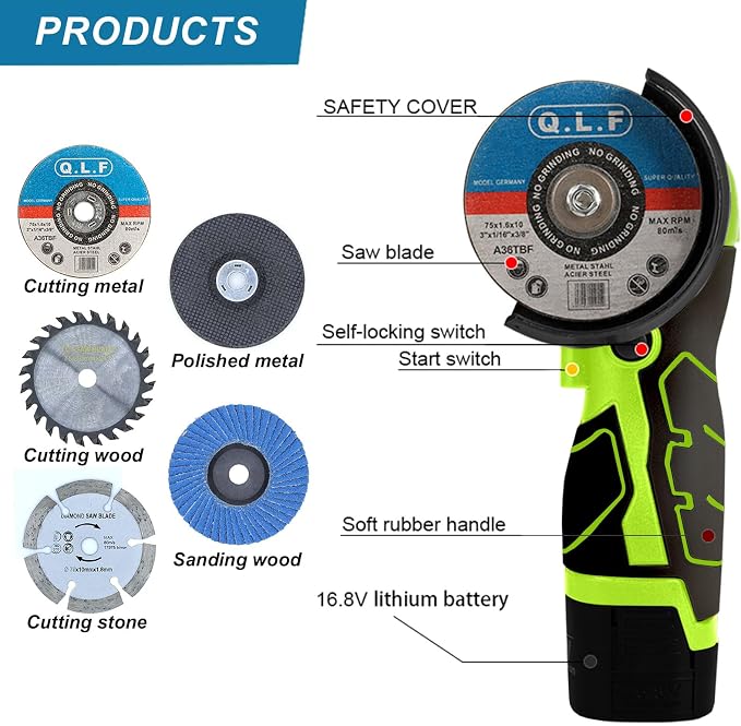 ZFULVO Cordless Brush Angle Grinder Kit, 19500rpm Mini Electric Angle Grinding Tool with 2pcs 16.8V 2000mAh Batteries and 6-Cutting Discs, Grinder Handheld Cutter for Metal Wood