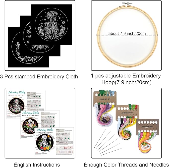 Louise Maelys 3 Pack Embroidery Kit for Beginners Floral Halloween DIY | Complete Set for Halloween Skeleton Crafts. Cross Stitch Kits with Floral Designs and Needlepoint Kit For DIY Projects