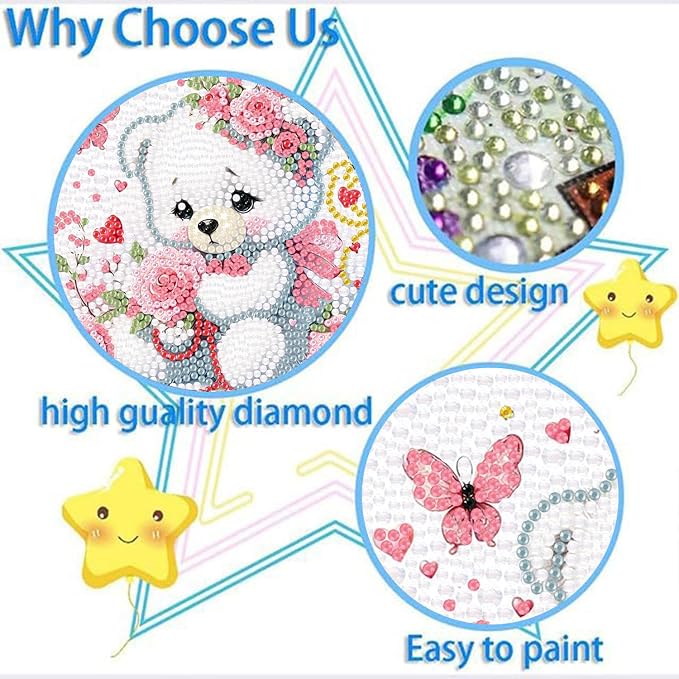 ajepon Bear Diamond Art Kits for Kids with Frame, Animal Diamond Art for Kids Ages 8-12, Cartoon Bear Diamond Painting Kits for Kid with Beautiful Package for Gift Home Wall Decor(7x7inch)