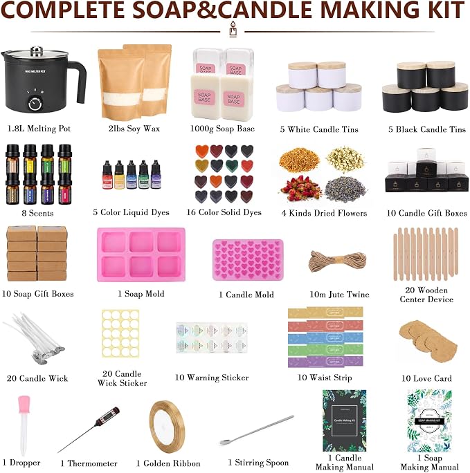 BISWYLBLJ Candle & Soap Making Kit for Adults,Complete DIY Craft Gift Kit | 2-in-1 Candle&Soap Making Supplies with Soap Base,Soy Wax,Melting Pot Etc,Craft Gift Making Suitable for Beginners