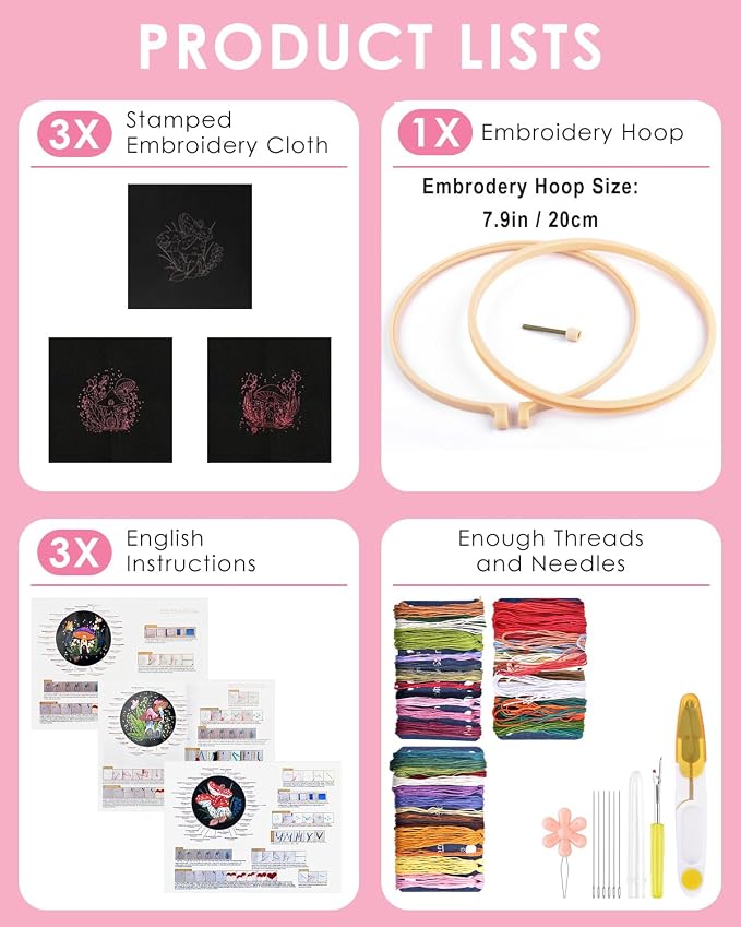 TINDTOP Embroidery Kit for Adult, Mushroom Embroidery Stitch Practice kit