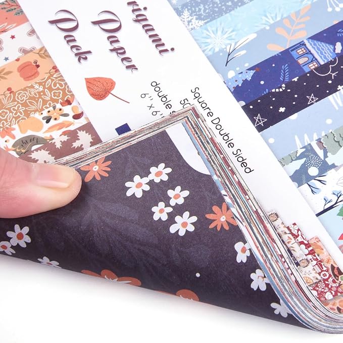 Origami Paper 50 Sheets, 6-Inch Square Double Sided Colored Craft Paper | 70GSM colorful paper,50 Vivid Pattern Origami Kit,DIY Hand Crafts,Arts Creativity,Easy to Fold,No-Fading.Winter
