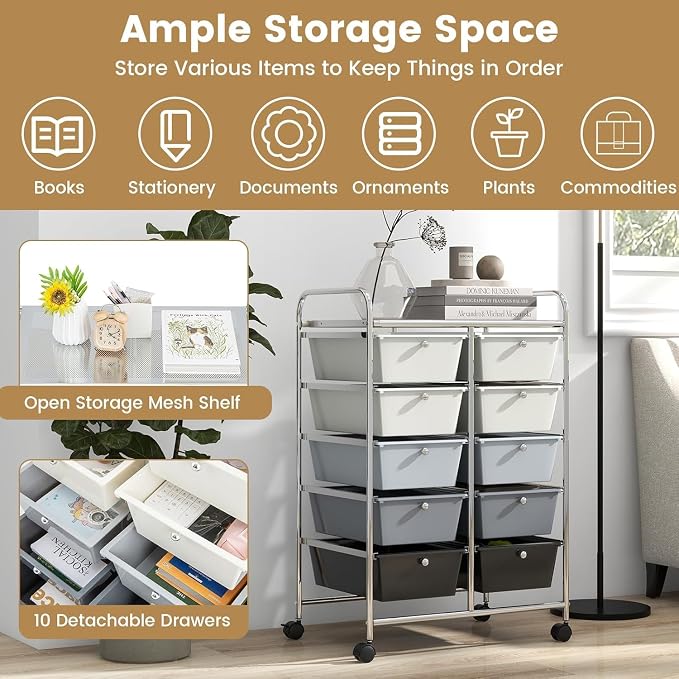 LDAILY 10 Drawer Rolling Cart, Storage Cart Organizer on Wheels, Drawer Cart with Metal Frame & Large Storage Capacity, Rolling Cart with Drawers for Living Room Classroom, Office