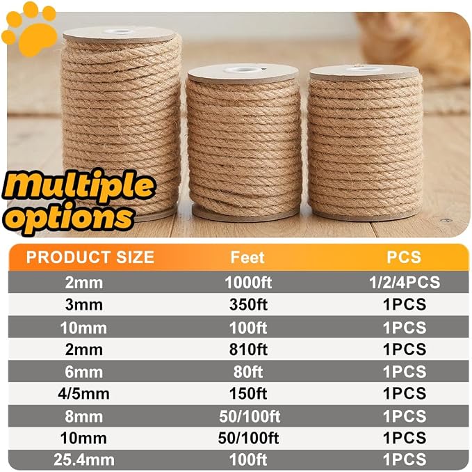 Jute Rope 10MM x 100FT Heavy Duty and Thick Twine Rope for Crafts Projects Gardening Bundling Cat Scratcher Scratching Post Tree Gift Wrapping Home Christmas Decoration (Brown 10mm* 100ft)