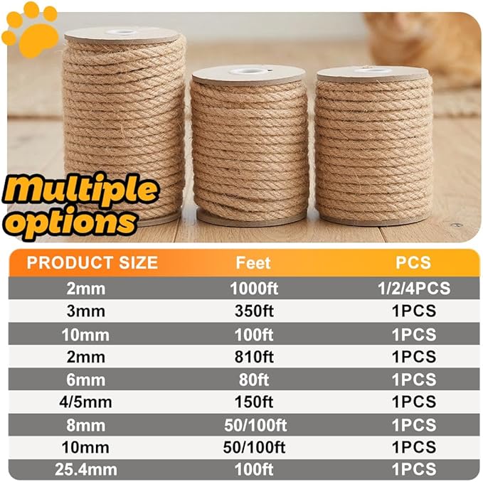 Jute Rope 8MM x 100FT Heavy Duty and Thick Twine Rope for Crafts Projects Gardening Bundling Cat Scratcher Scratching Post Tree Gift Wrapping Home Christmas Decoration (Brown 8mm* 100ft)
